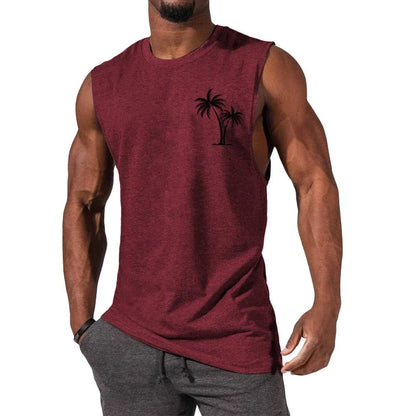 Tropical palm tree embroidered muscle tee in a variety of colors for an active, summer-inspired look