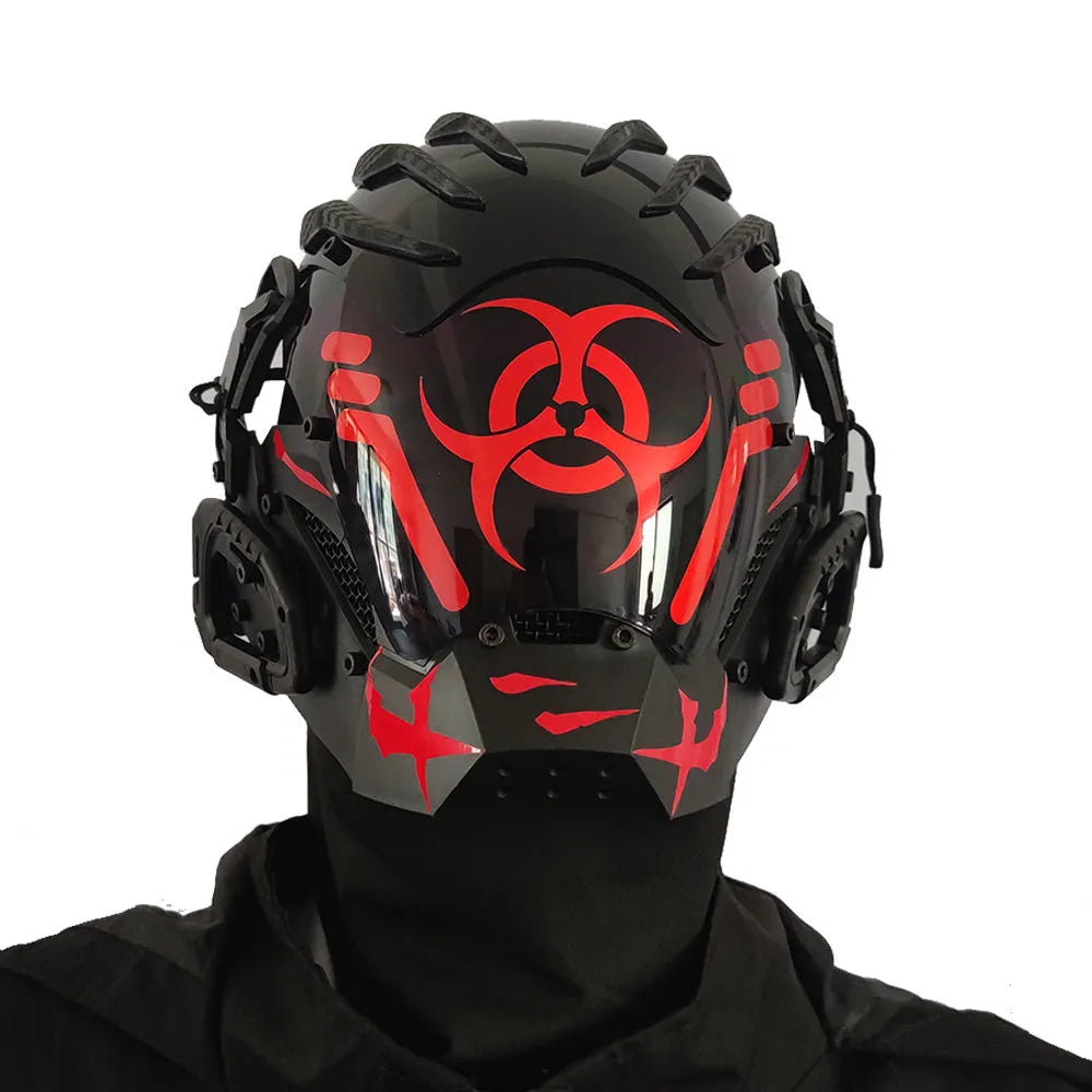 Black full-face cyberpunk prop mask helmet for cosplay and parties.
