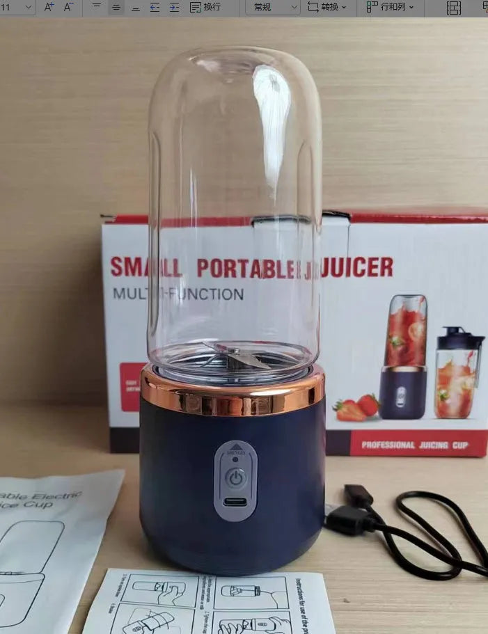 Tunisian dark blue portable blender and juicer with six blades, USB cable, and 400ml cup.
