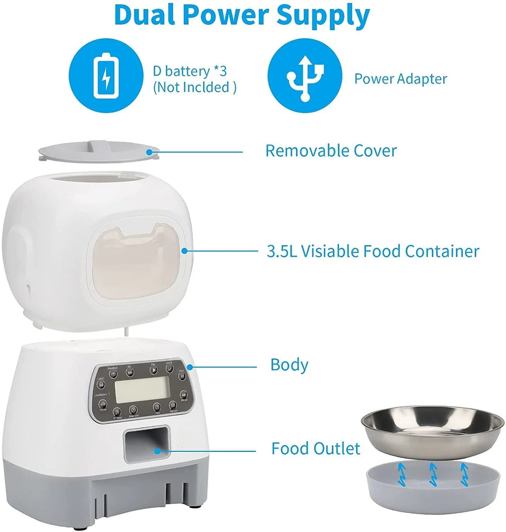 White ABS pet automatic feeder with button or WiFi control, suitable for dogs and cats