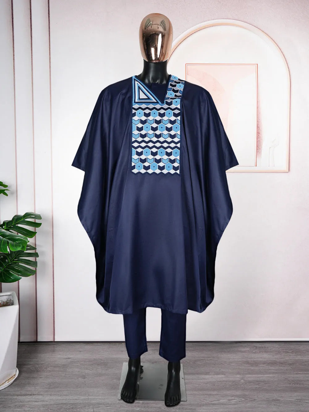 Men's dark blue embroidered three-piece suit set with polyester T-shirt style jacket and trousers