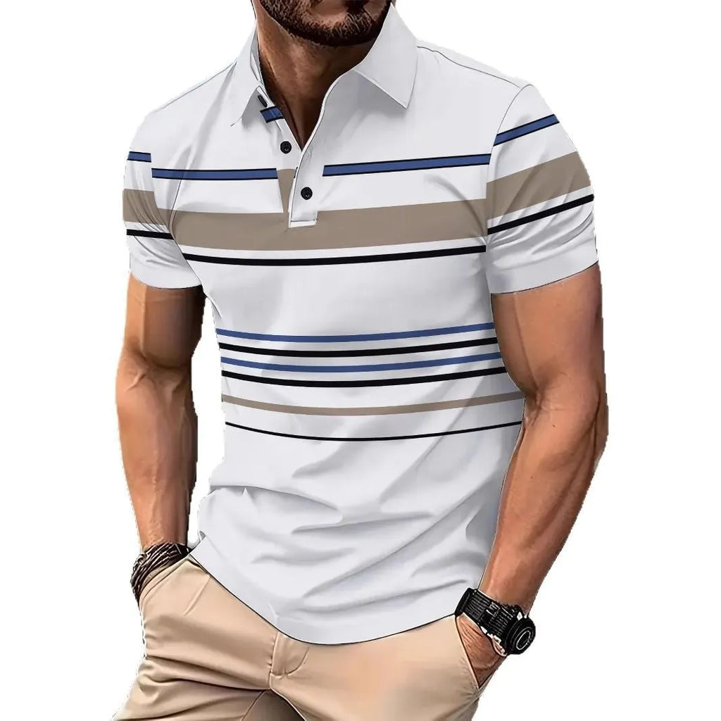 Men's white striped short sleeve t-shirt with slim fit for summer business casual wear