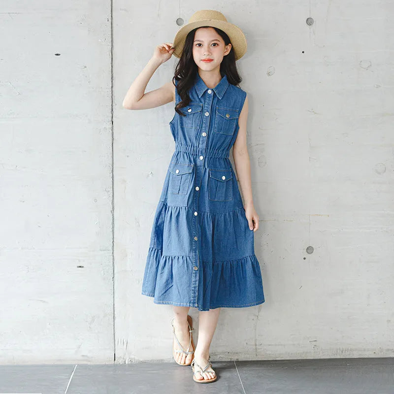 Blue denim blouse collar vest dress for girls on a white background