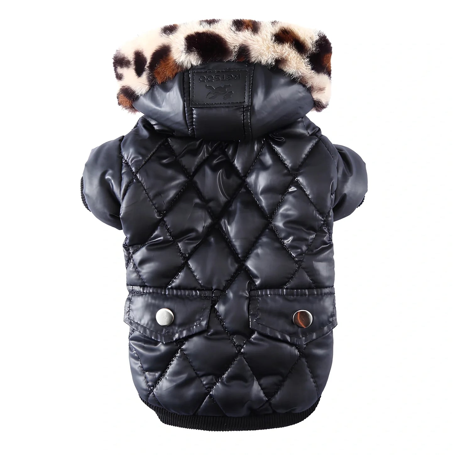 Black fur collar dog coat in M size, hooded with buttons, polyester fleece for winter warmth, 28cm back length