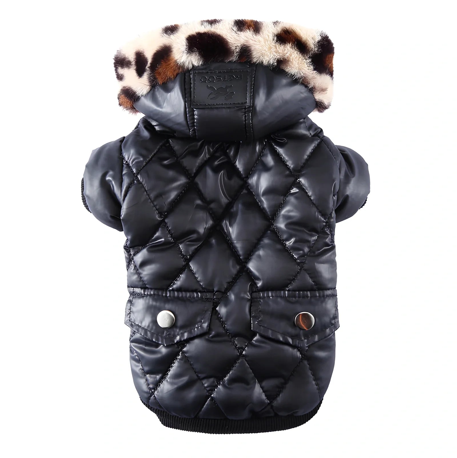 Black fur collar dog coat in M size, hooded with buttons, polyester fleece for winter warmth, 28cm back length