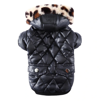 Black fur collar dog coat in M size, hooded with buttons, polyester fleece for winter warmth, 28cm back length