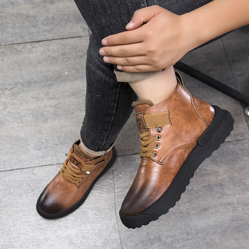 Black and brown Martin platform high-top boots with artificial PU upper and rubber sole