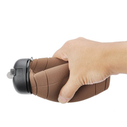 Brown rugby-shaped collapsible water bottle with leak-proof seal