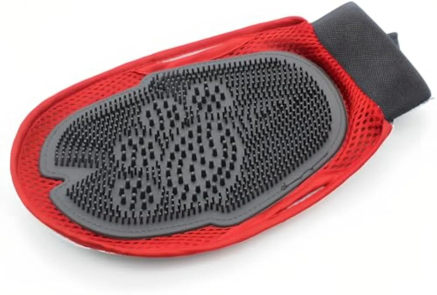Red silicone pet bathing glove with integrated brush pattern for dog and cat grooming