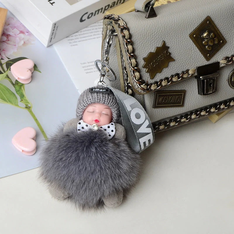 Hand-woven fox fur sleeping doll plush keychain pendant with or without bow
