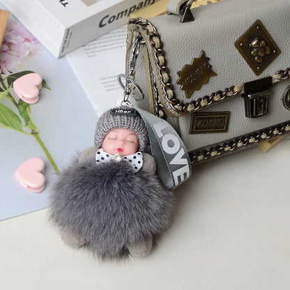 Hand-woven fox fur sleeping doll plush keychain pendant with or without bow