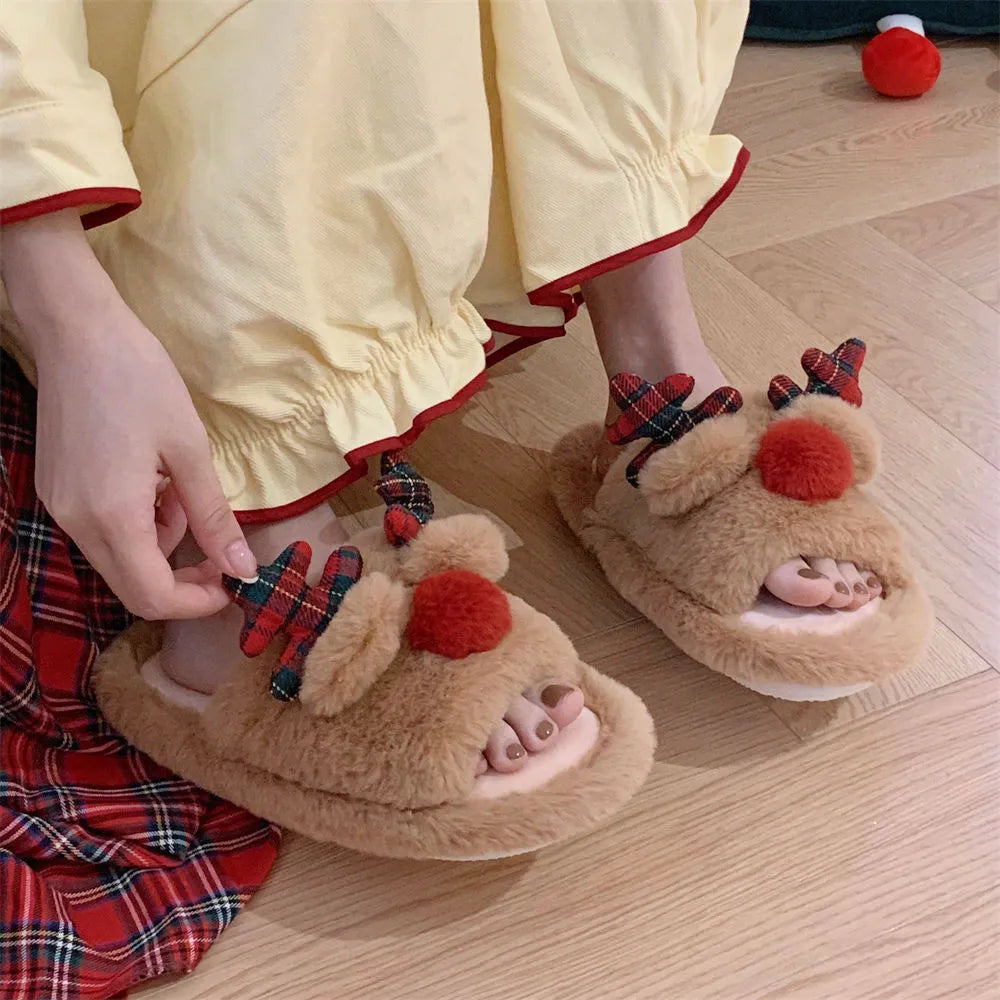 Brown women's cotton slippers with cartoon fawn design, suede uppers and PVC soles