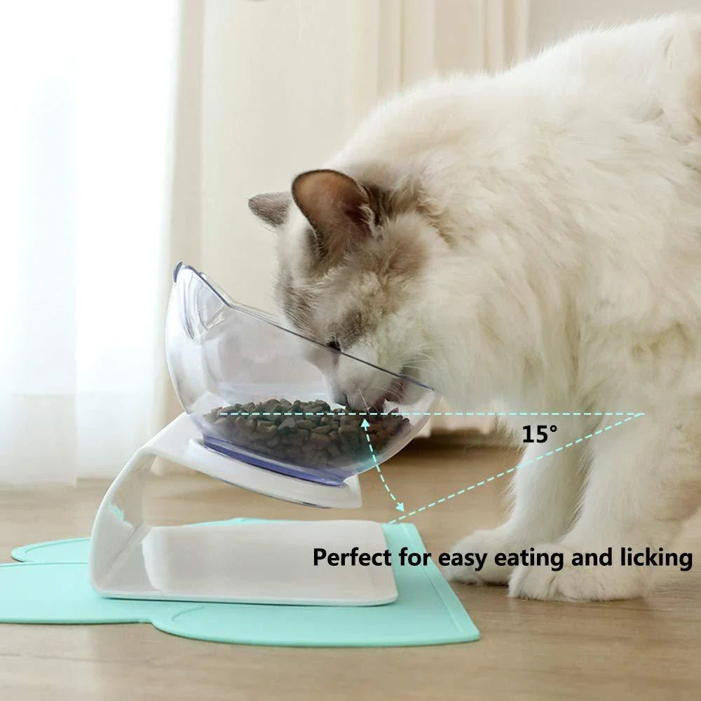 Elevated pet bowls with 15-degree tilted design to support pet's neck and reduce strain