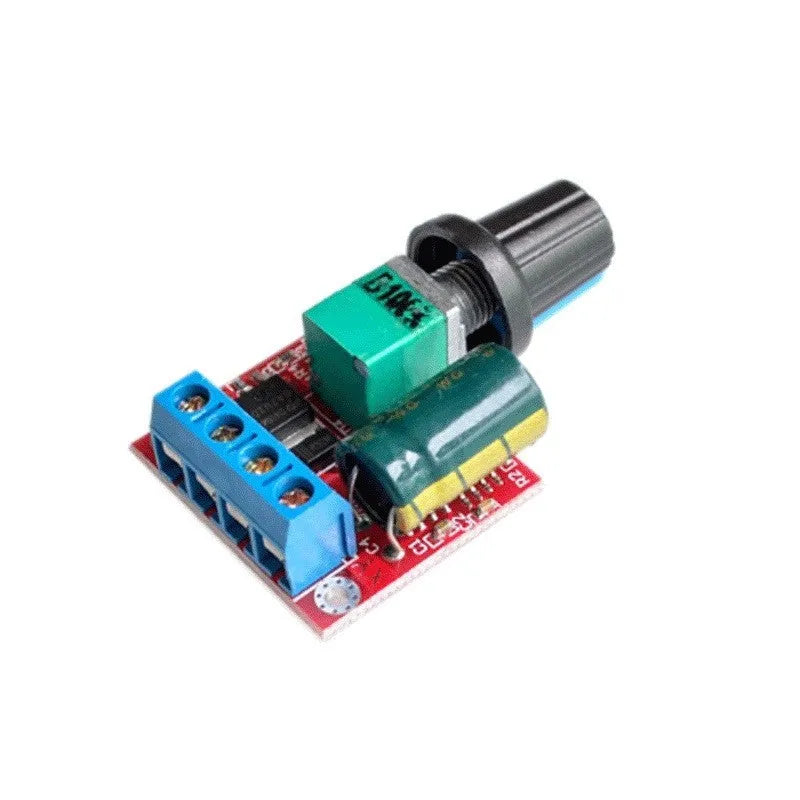 PWM DC motor governor module with connection terminals and adjustment potentiometer for speed control