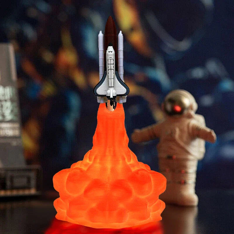 A 3D-printed rocket-shaped night light with adjustable LED lighting, made from eco-friendly PLA material