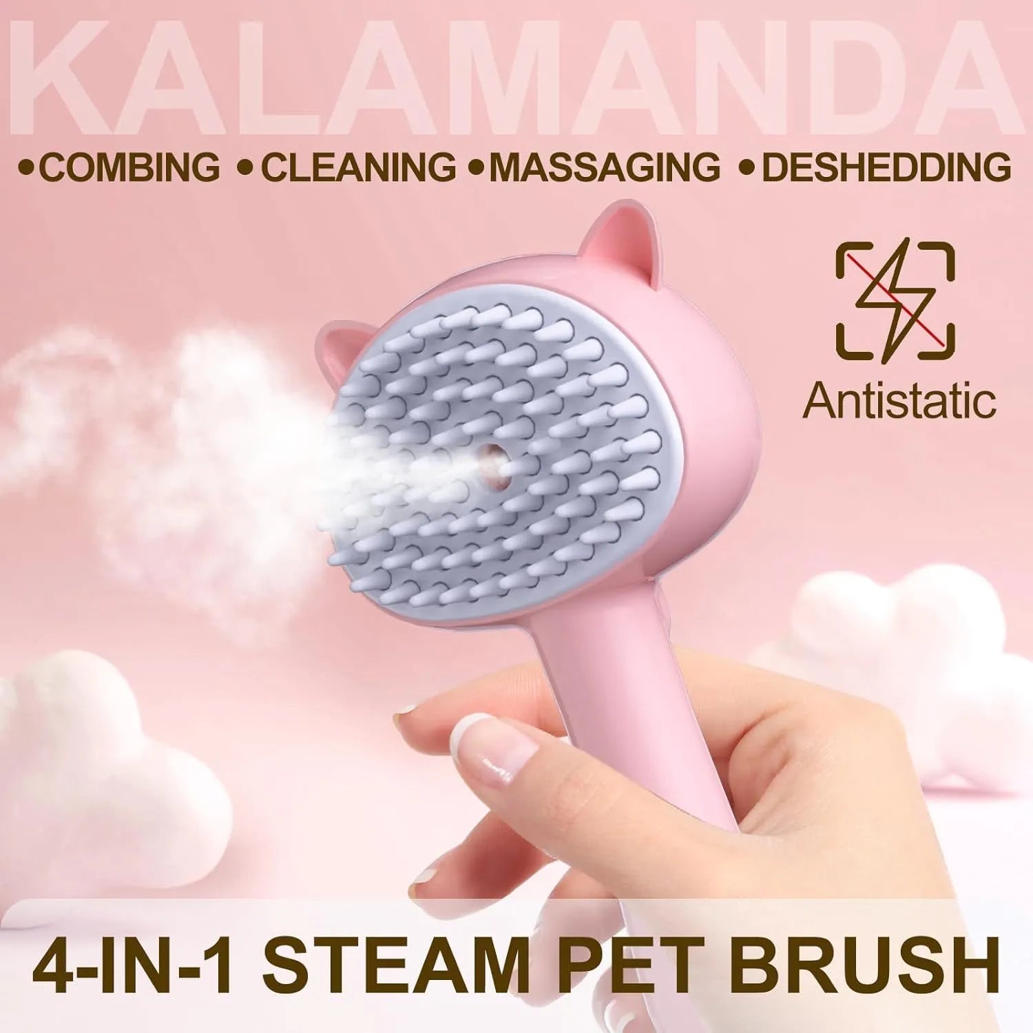 Blue pink yellow 4-in-1 pet steam brush with cat ear-shaped handle and release button