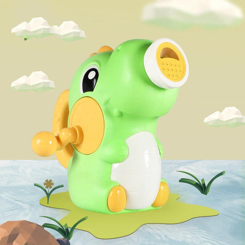 Dinosaur-shaped baby bath toy with manual water spray function in bright colours