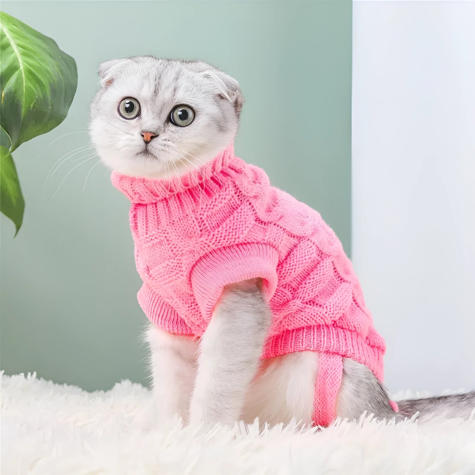 Cute knitted cat sweater in bright red on a cat, with autumn leaves background