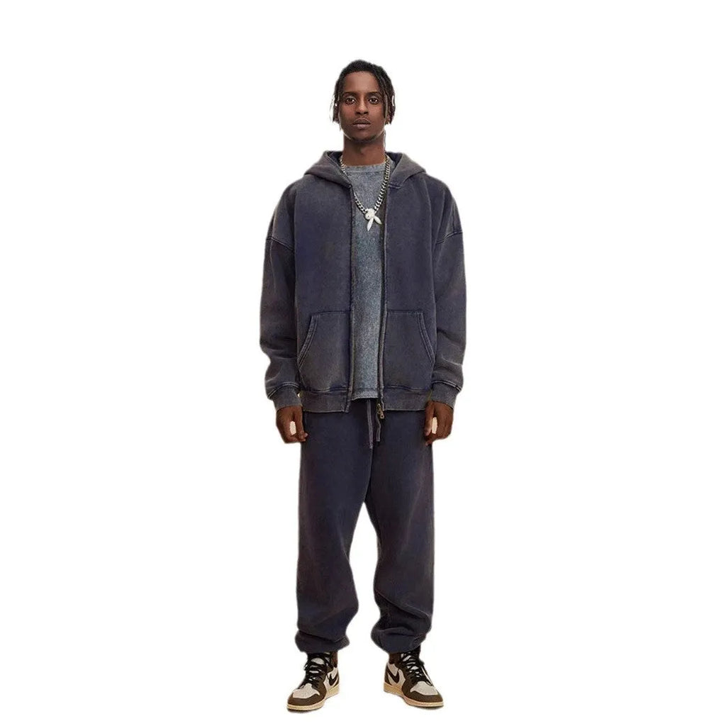 Men's dark green hooded cardigan sweater with a double zipper and fleece lining.