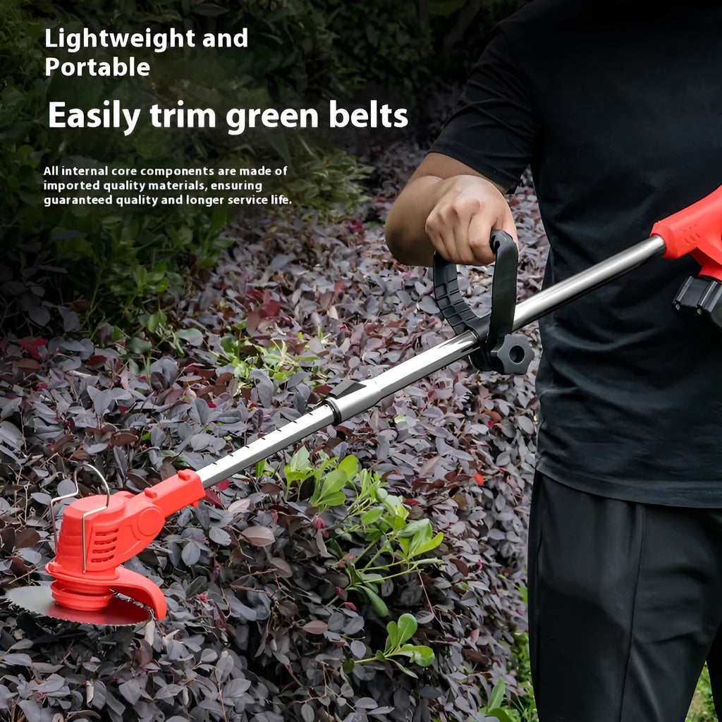 Portable household weeding machine in bare metal finish for garden pruning and vegetation control.