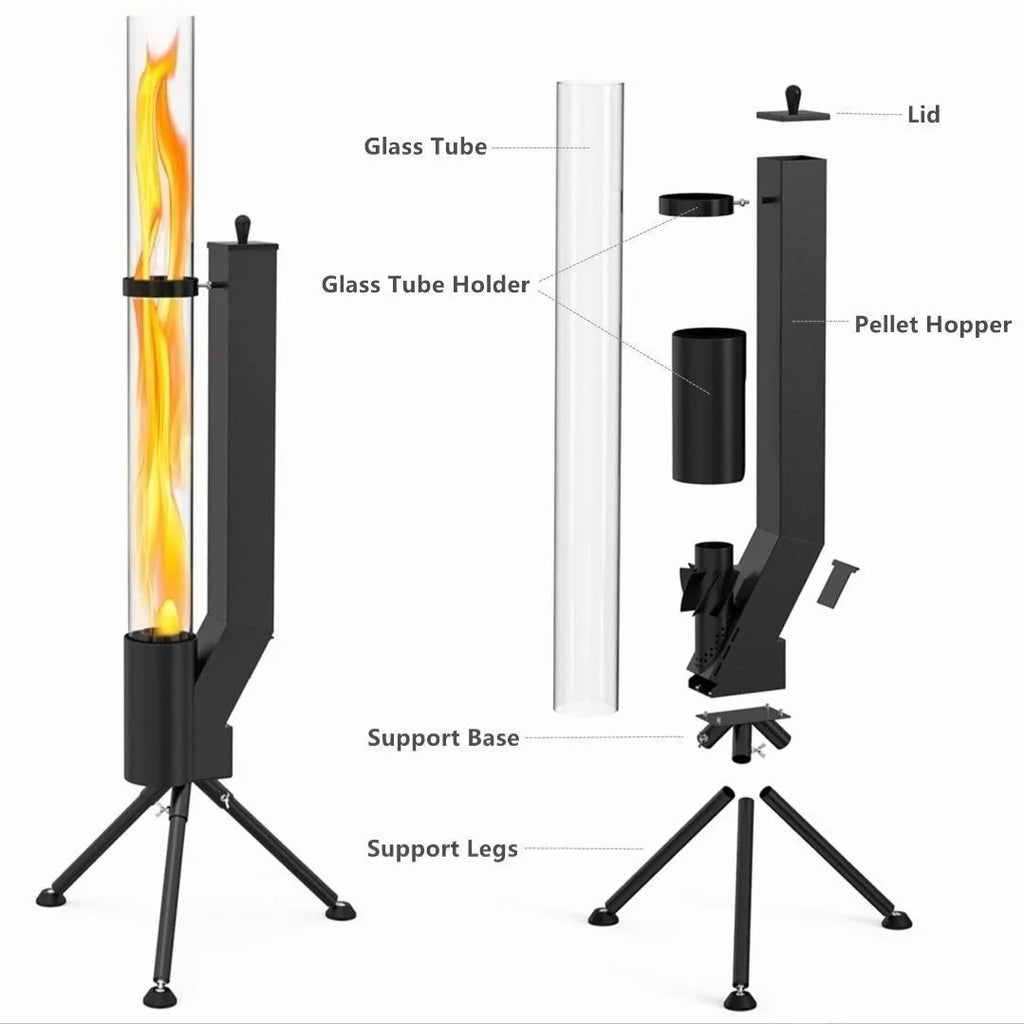 Vertical iron wood burning rocket furnace stove for outdoor courtyard heating.