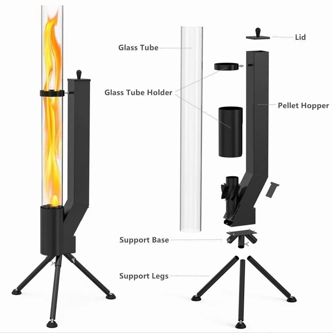Vertical iron wood burning rocket furnace stove for outdoor courtyard heating.