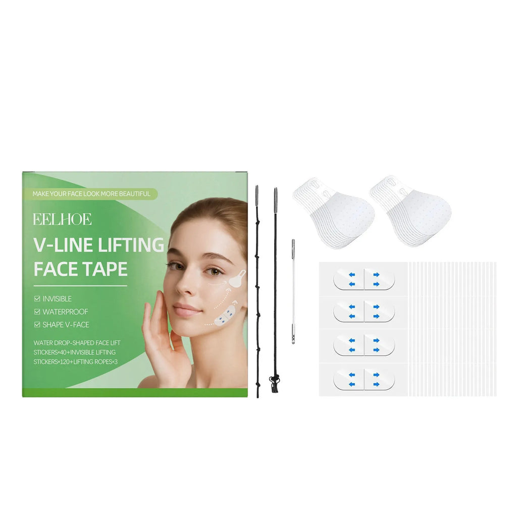 Invisible face lift tape patch kit showing adhesive stickers and elastic lifting ropes on white background