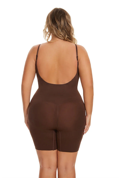 Waist-fitted jumpsuit in black, beige, and brown with belly control and hip-lift design