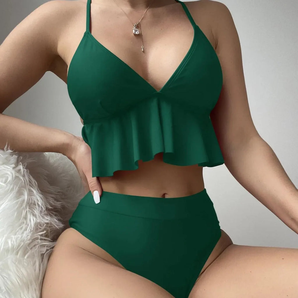 Women's solid colour split bikini swimsuit in polyester spandex fabric on a neutral background.