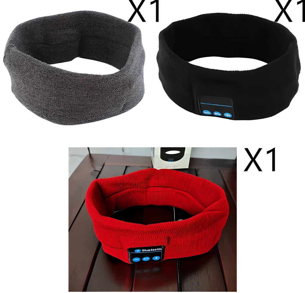 Black Bluetooth sports headband with integrated audio controls and 110mAh battery for workouts