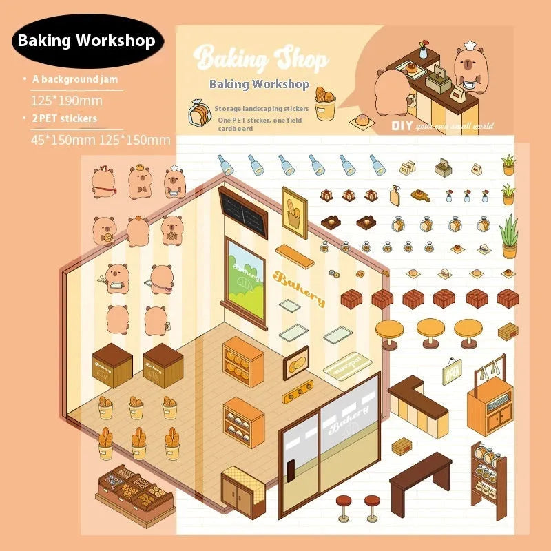 Set of eight Capabala 3D cartoon shop stickers including bakery, flower shop, and bookstore designs.