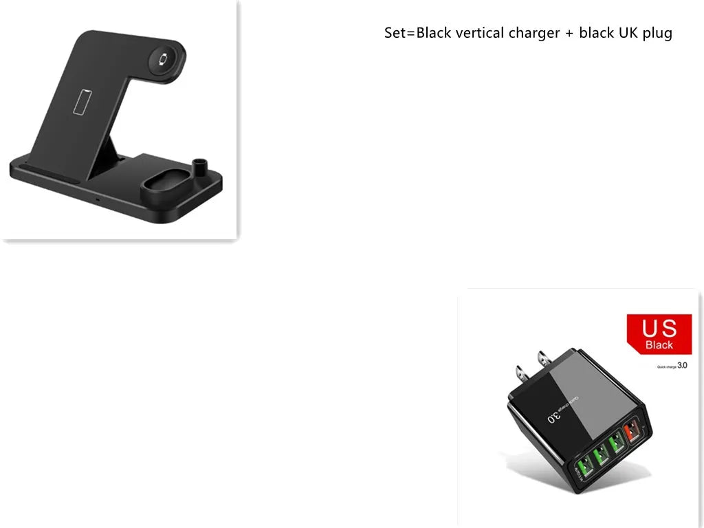 Black 4-in-1 wireless charging station showing phone on adjustable stand, with Apple Watch and AirPods charging on the base.