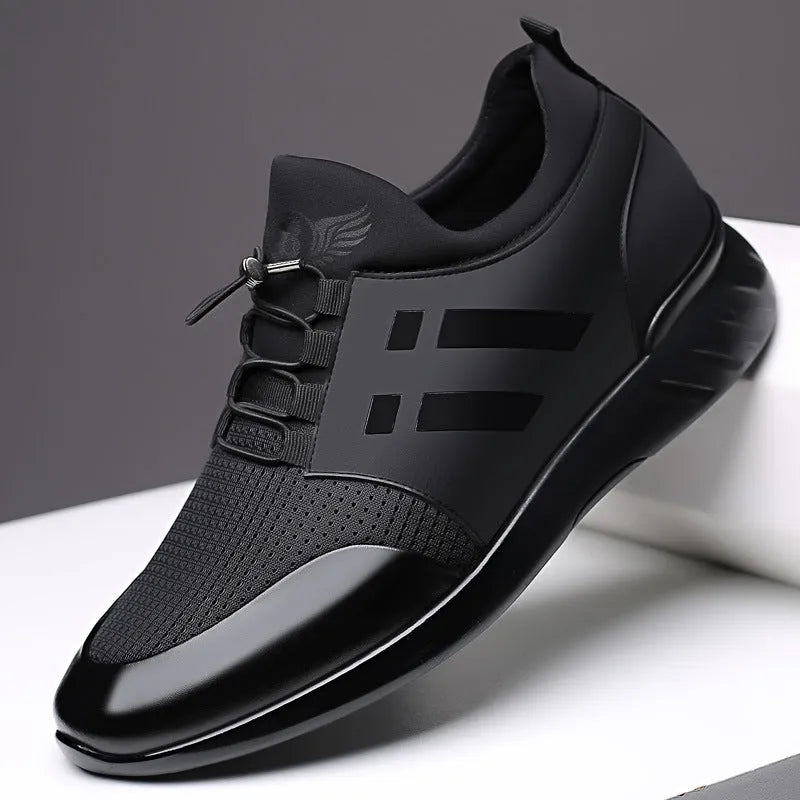 Men's black casual shoes with hidden chunky heel for height increase, shown in leather, Lycra and mesh options