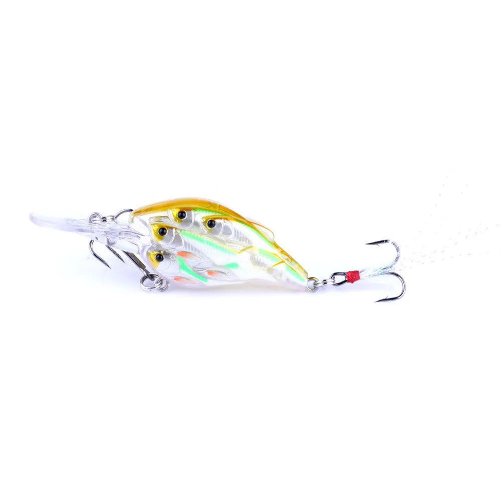 A 7.5 cm long ABS plastic fishing lure with a feather hook, shown in one of nine available colours.