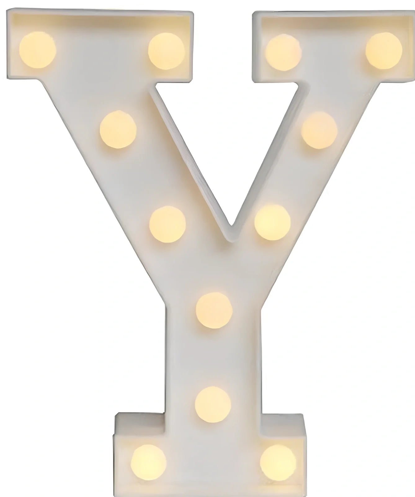 White plastic LED alphabet marquee sign with warm white illumination, 22cm height with battery operation