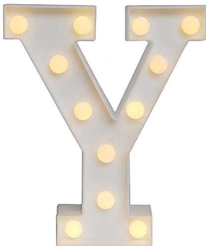 White plastic LED alphabet marquee sign with warm white illumination, 22cm height with battery operation