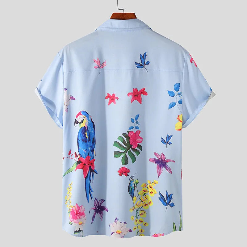 Men's blue short sleeve Hawaiian beach shirt with pointed collar
