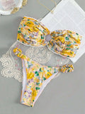 Blue floral print women's bikini set with lace trim on sleeveless tube top and matching briefs.