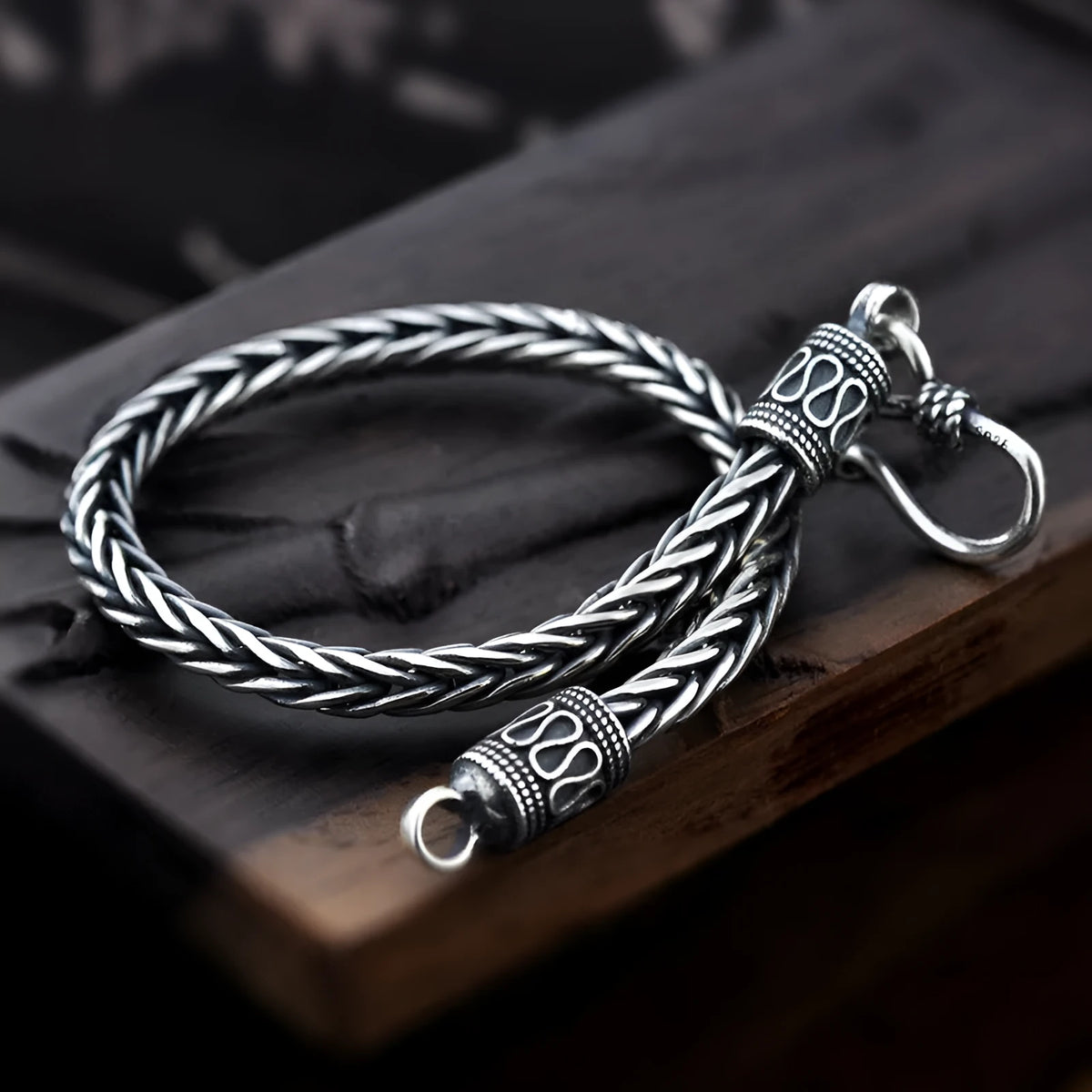 Vintage braided keel 925 silver bracelet for men in retro wave style photo colour