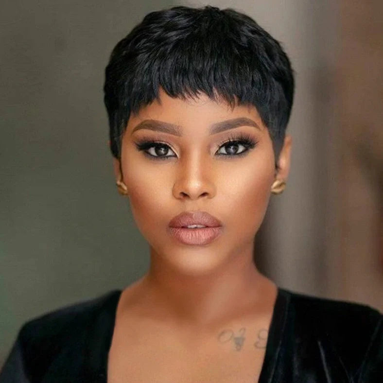 Black short hair mechanism wig on display stand showing synthetic fibre texture and cap construction