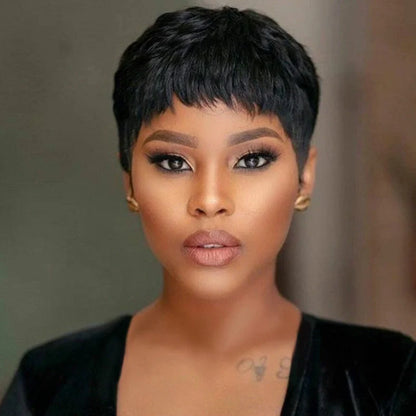 Black short hair mechanism wig on display stand showing synthetic fibre texture and cap construction