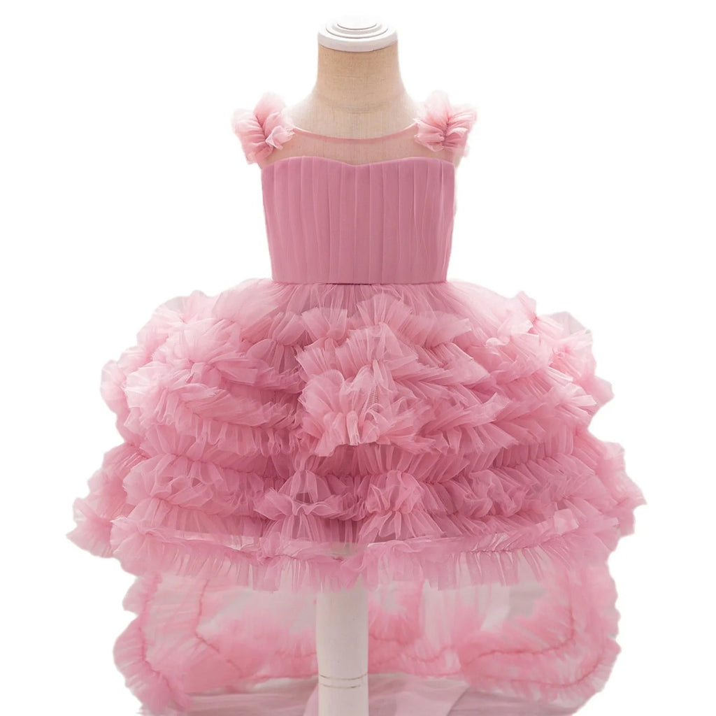 Girls sleeveless mesh long dress in bean pink Trueran fabric, suitable height 70-110cm