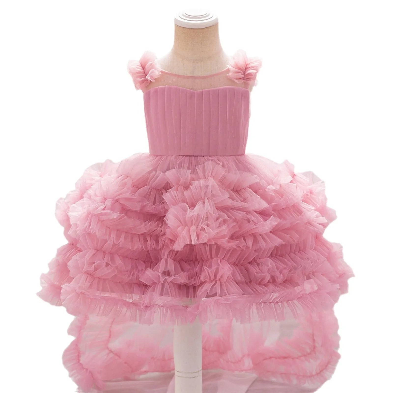 Girls sleeveless mesh long dress in bean pink Trueran fabric, suitable height 70-110cm