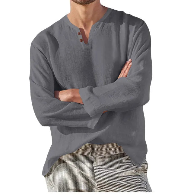 Cotton blend men's long sleeve V-neck casual beach shirt in blue with British style