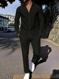 Men's plaid square grain print suit set with shirt jacket and trousers in navy blue
