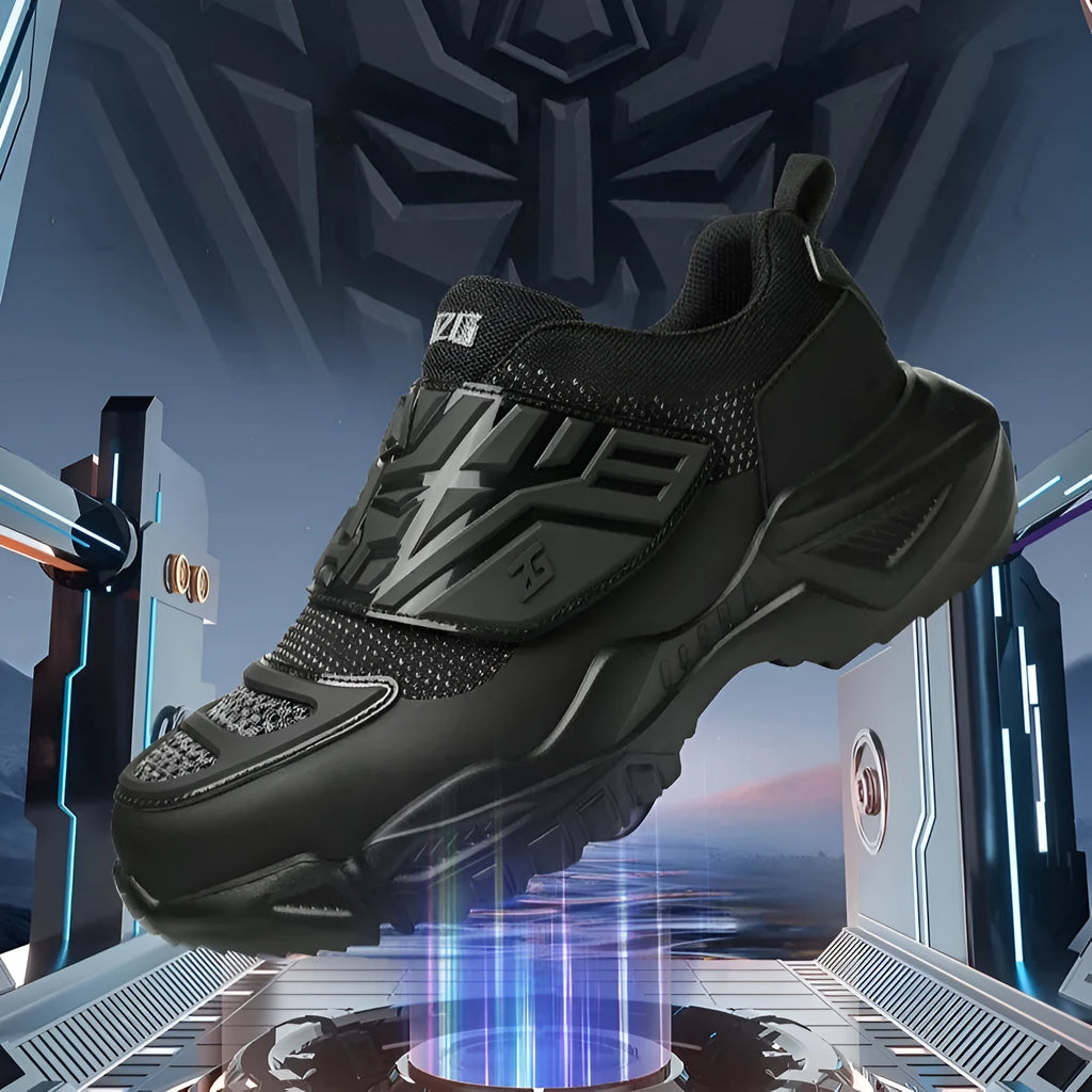 Black safety work shoes with steel toe caps, buckle fastening, and mesh uppers showing protective features