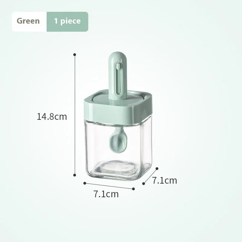 Retractable glass seasoning jar in Nordic style, available in green, warm gray, or yellow for kitchen storage