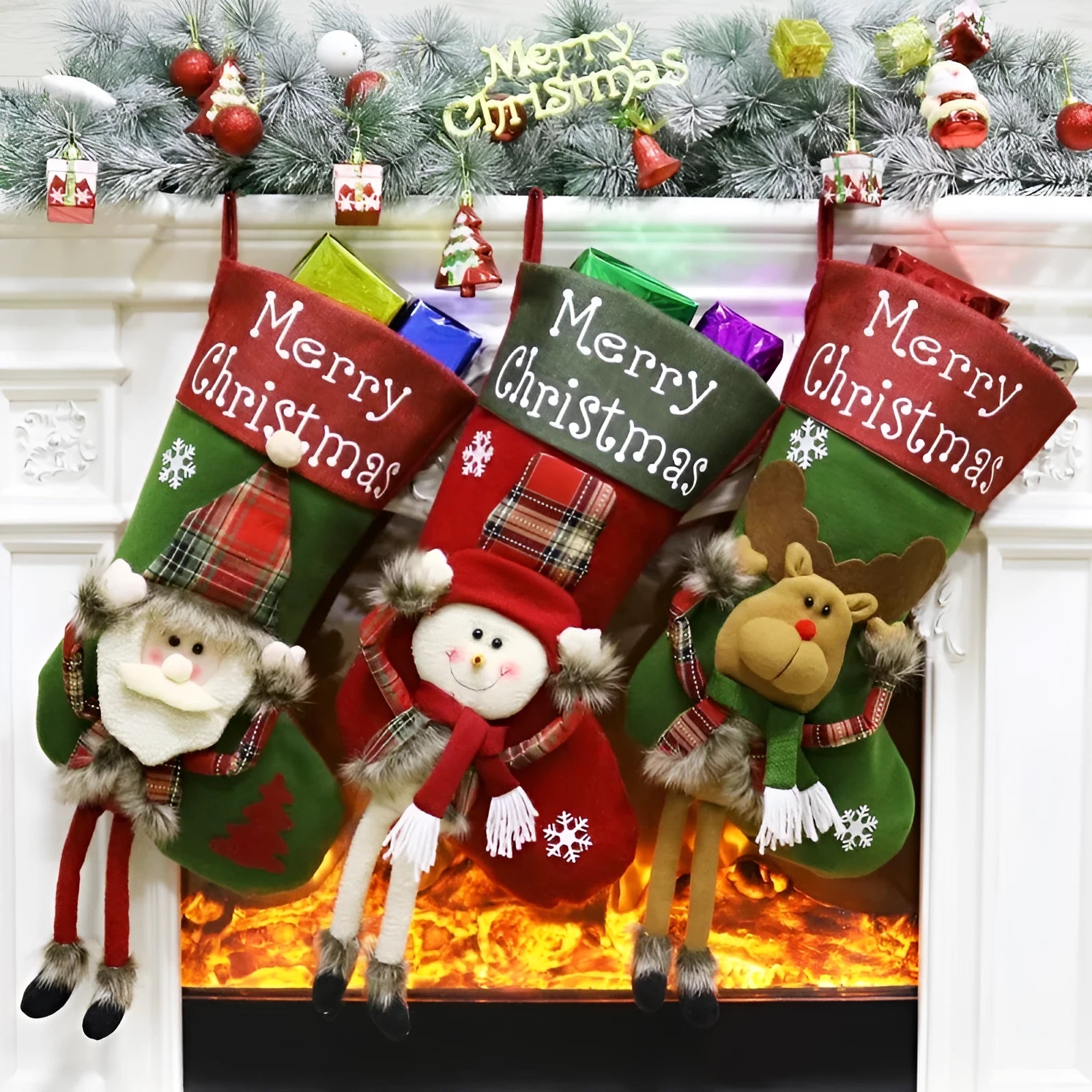 Three large Christmas stockings with Santa, Snowman, and Reindeer 3D applique designs hanging from a mantel