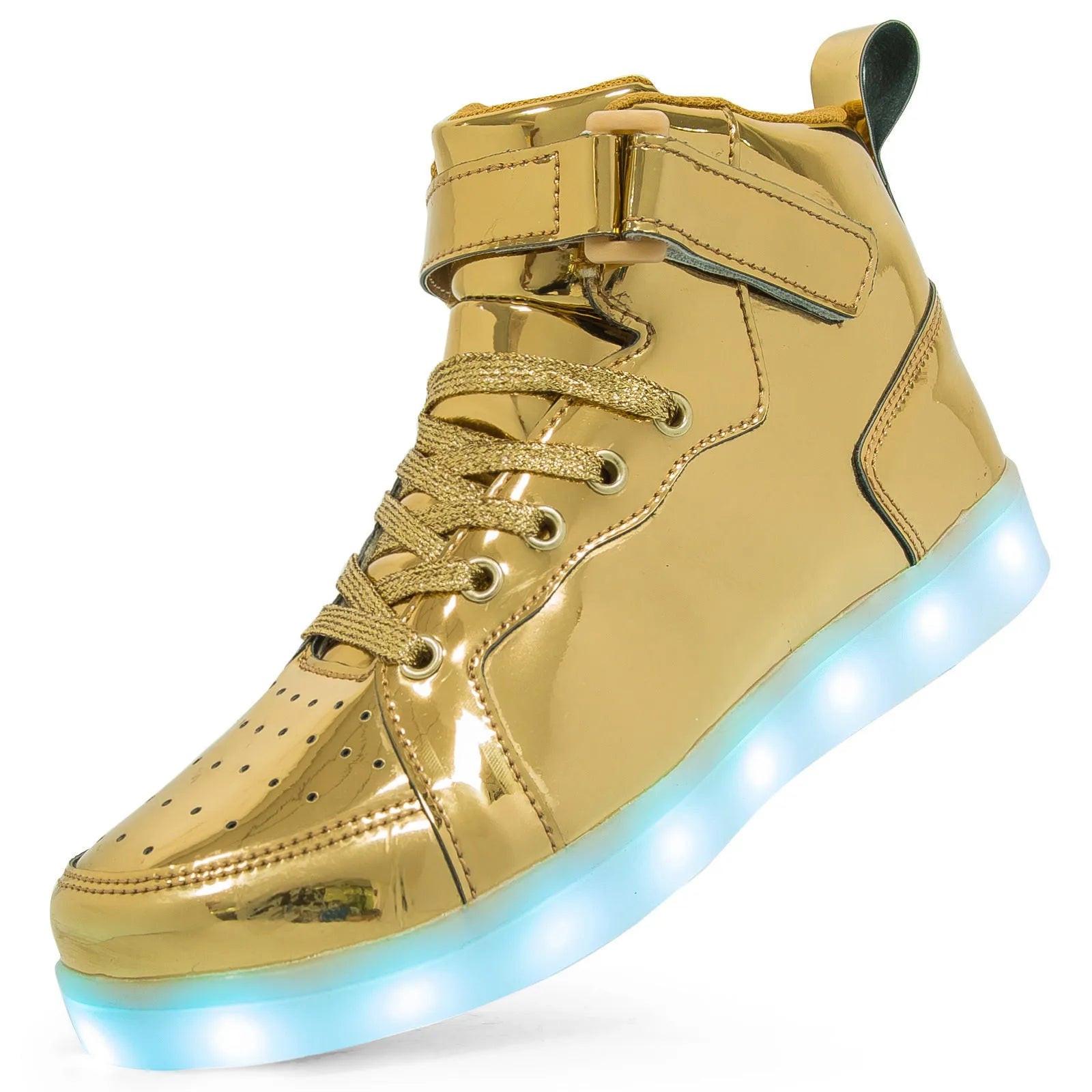 LED light-up high-top board shoes with Velcro strap in black, gold, or white on rubber sole