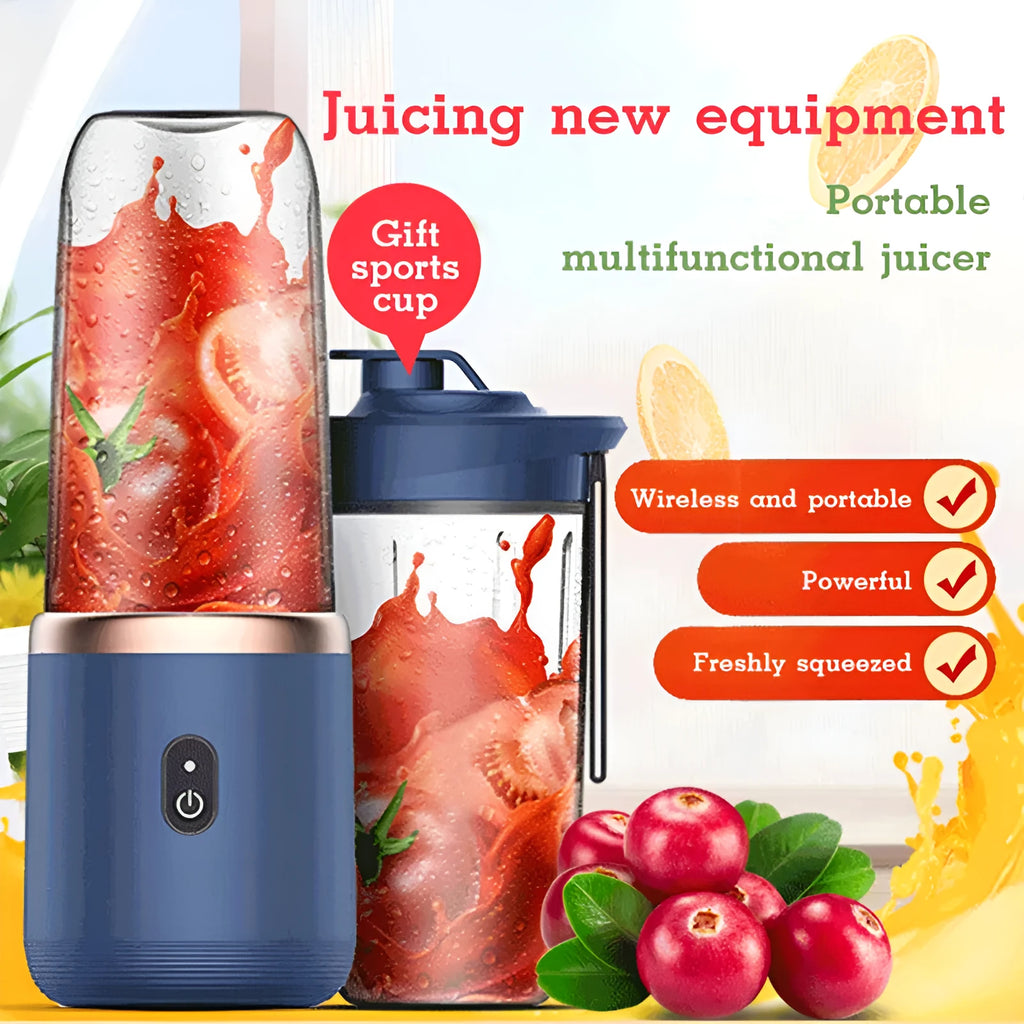 Tunisian dark blue portable blender and juicer with six blades, USB cable, and 400ml cup.